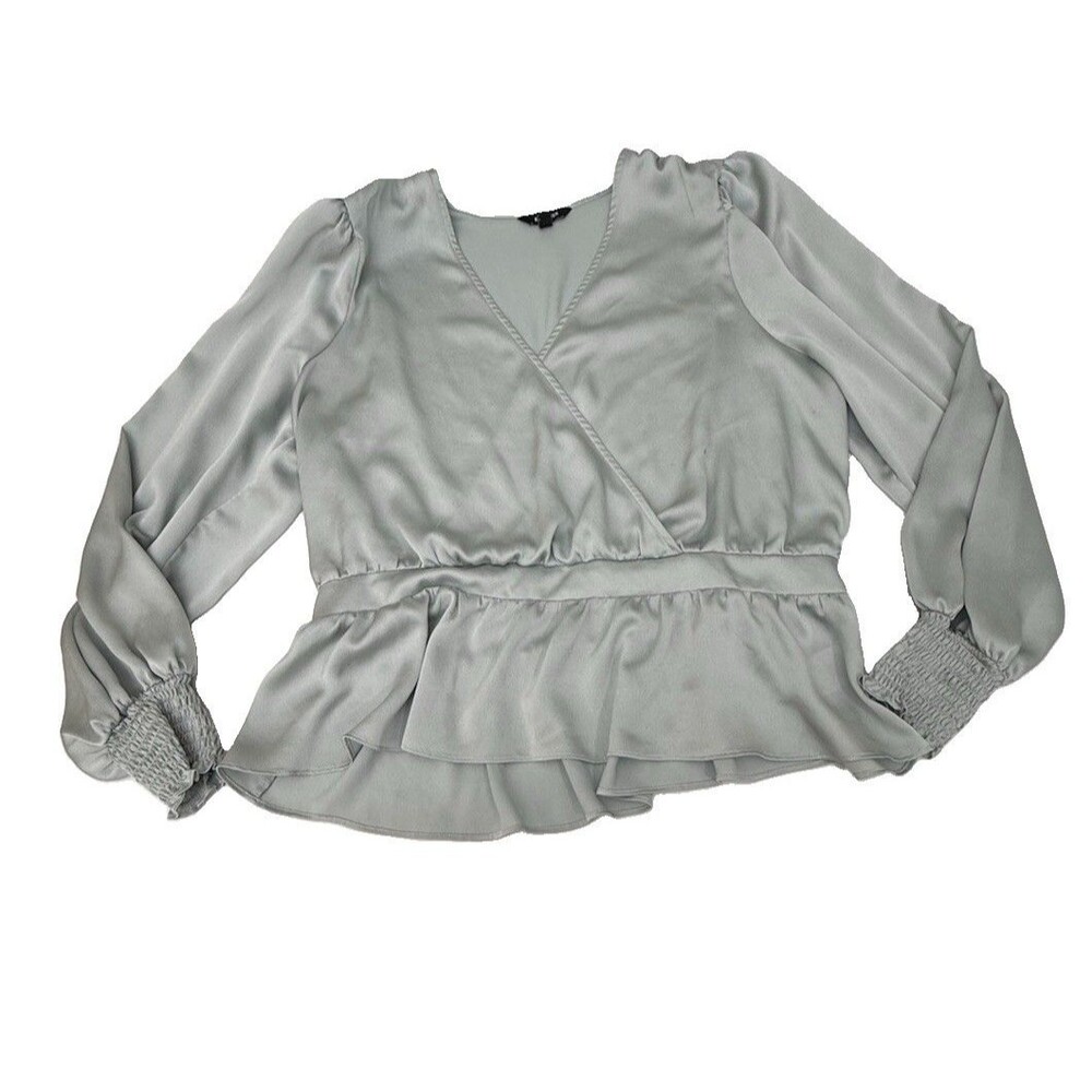 EXPRESS XL Sage Green Faux Wrap Peplum Blouse V Neck Smocked Cuff Balloon Sleev